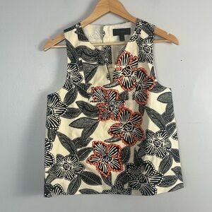 J. Crew Black Orange Cream Notched Shell Polynesian Floral Sleeveless Top Size 6